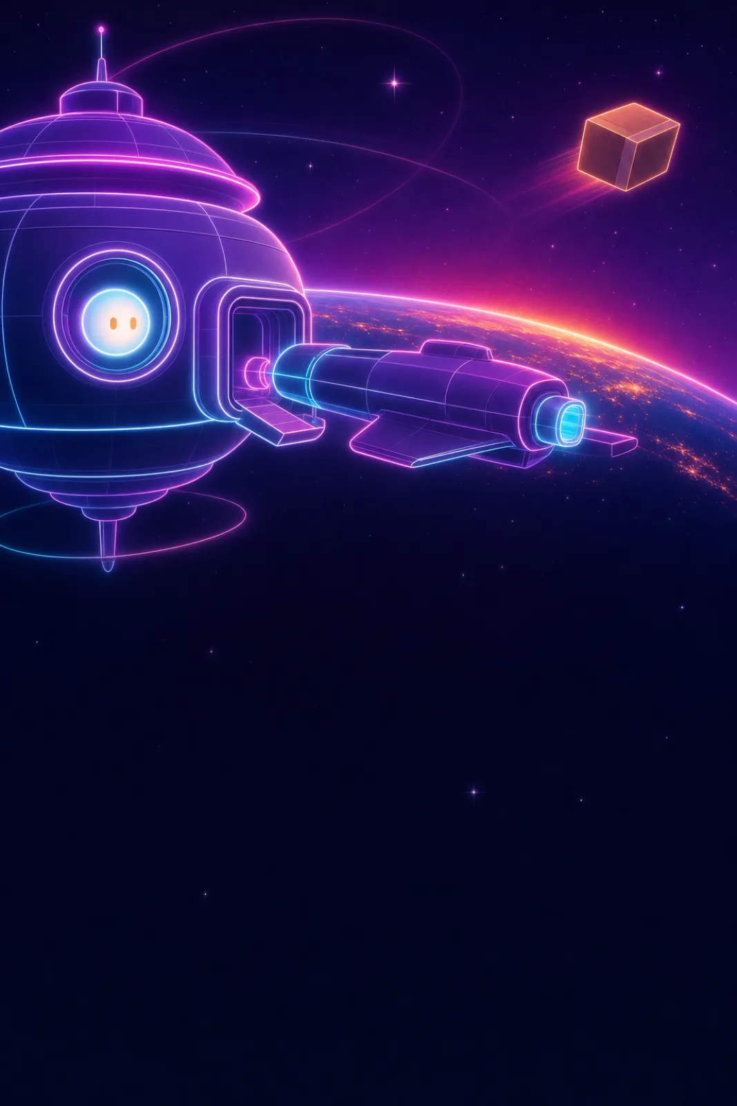 A small space station calmly docking a supply ship above a glowing Earth at dusk, a cardboard box drifting away