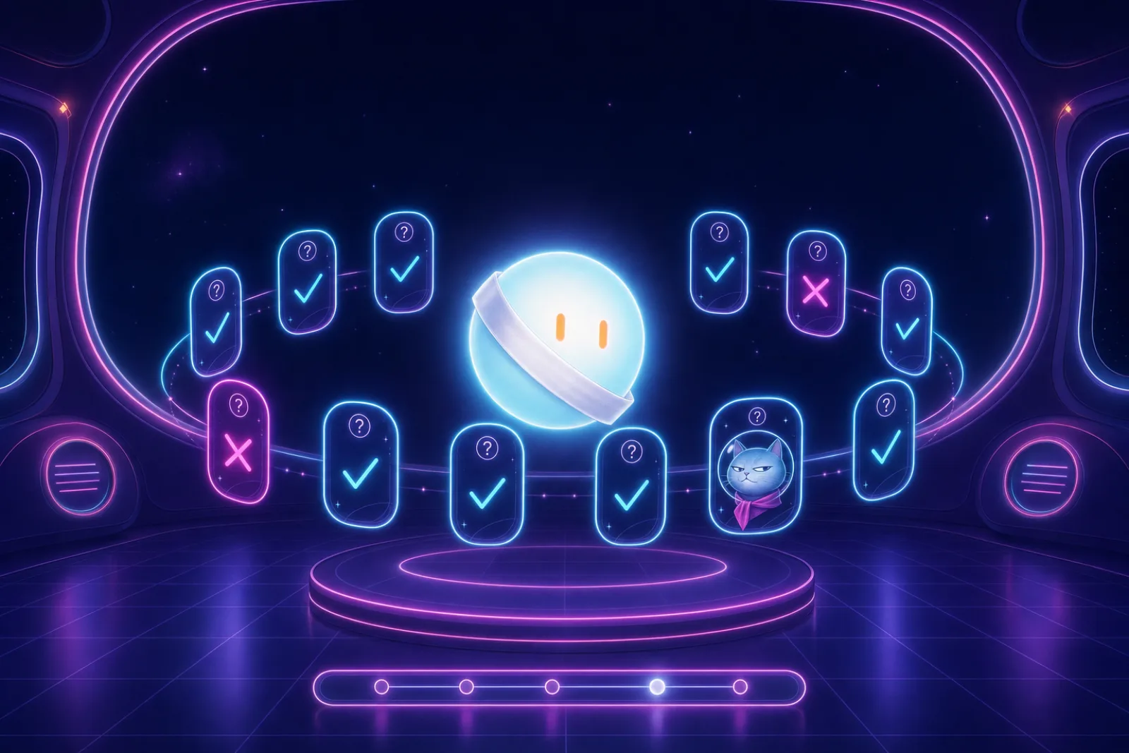 Practice cards with ticks and crosses orbiting the glowing orb, which wears a trainee sash
