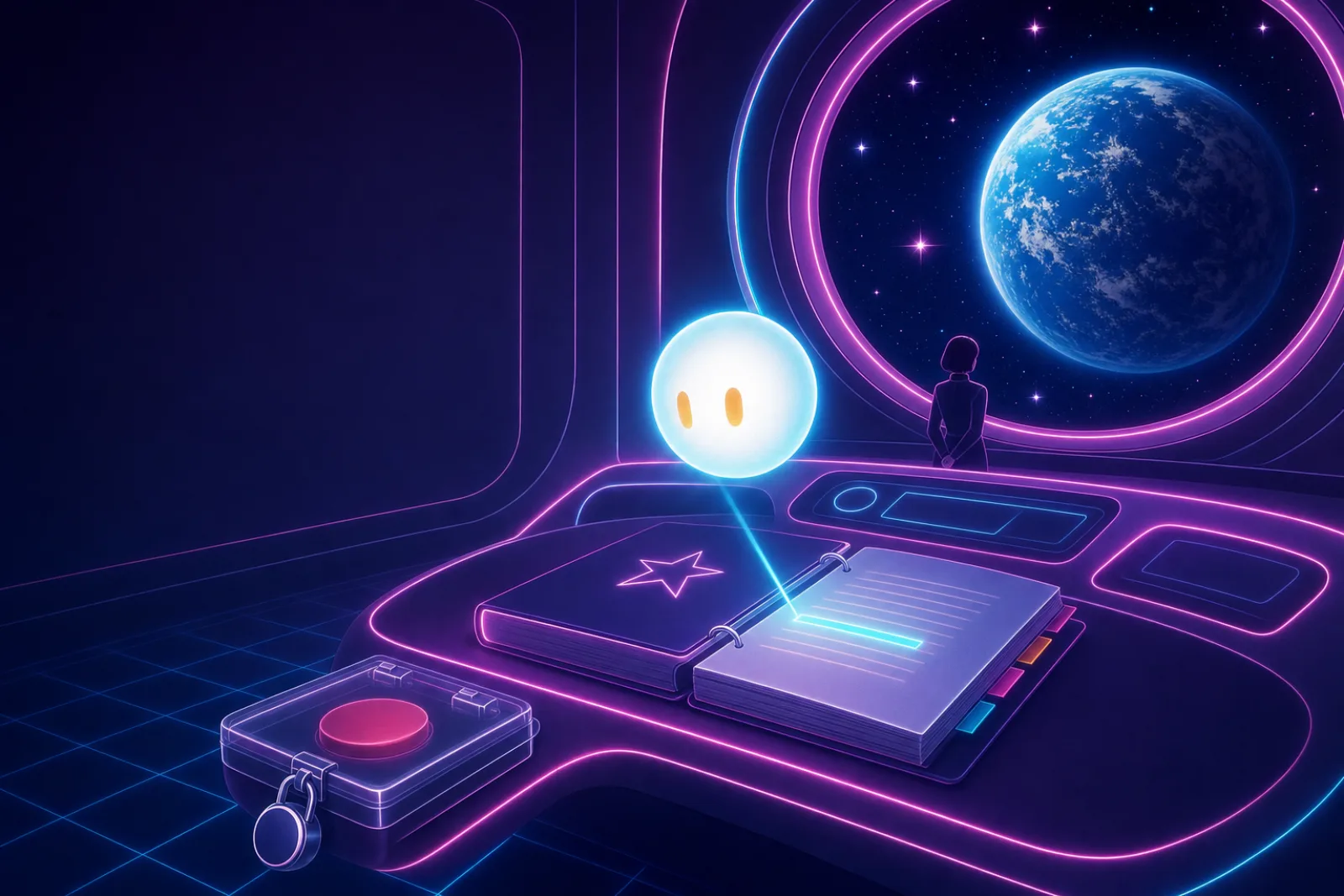 A glowing orb of light reading a star-stamped binder at a space station desk, beside a big red button under a padlocked clear cover, while a crew member looks out at Earth