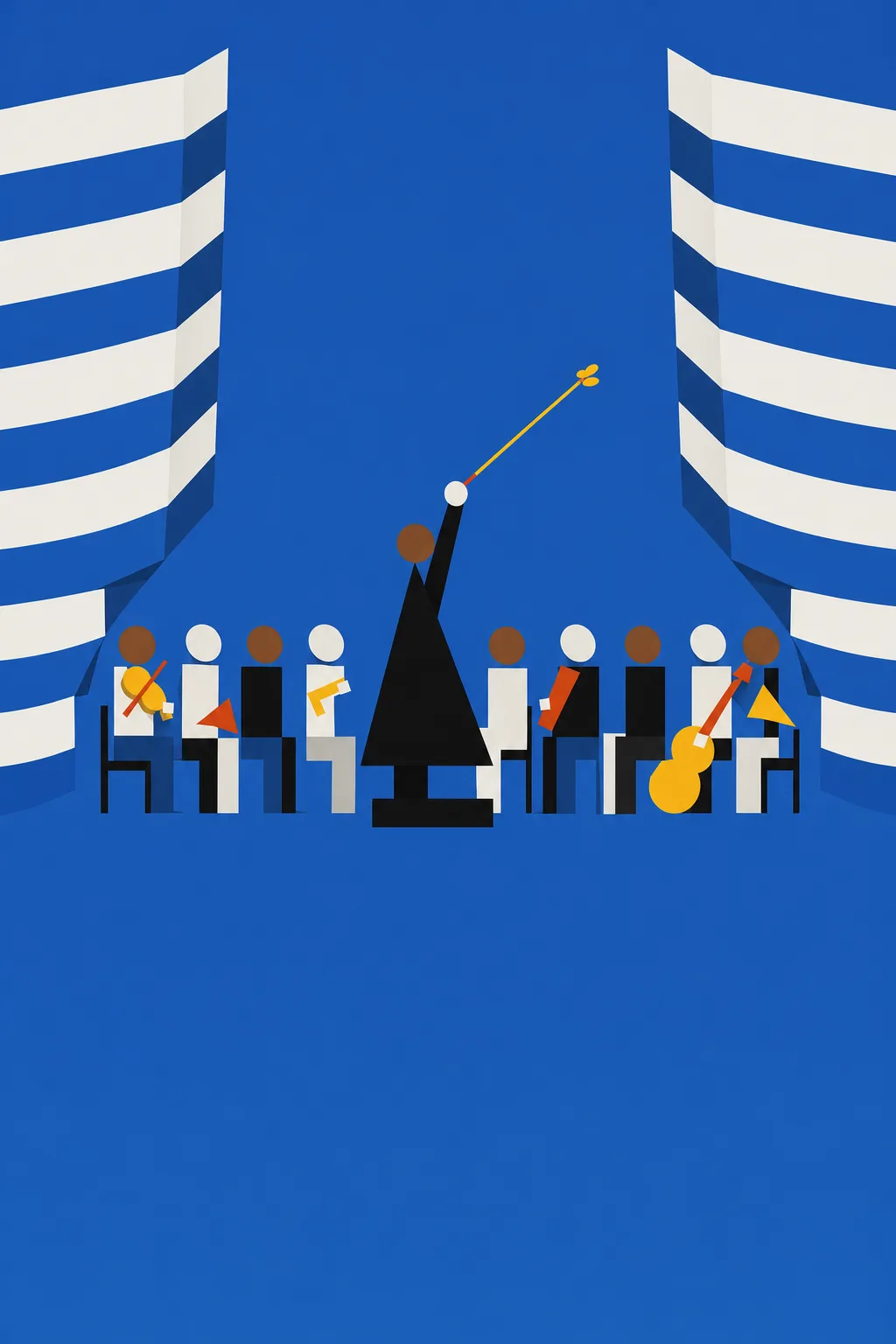 Staff-line bars parting to reveal a conductor’s baton with a tiny cricket on its tip above a row of players in time