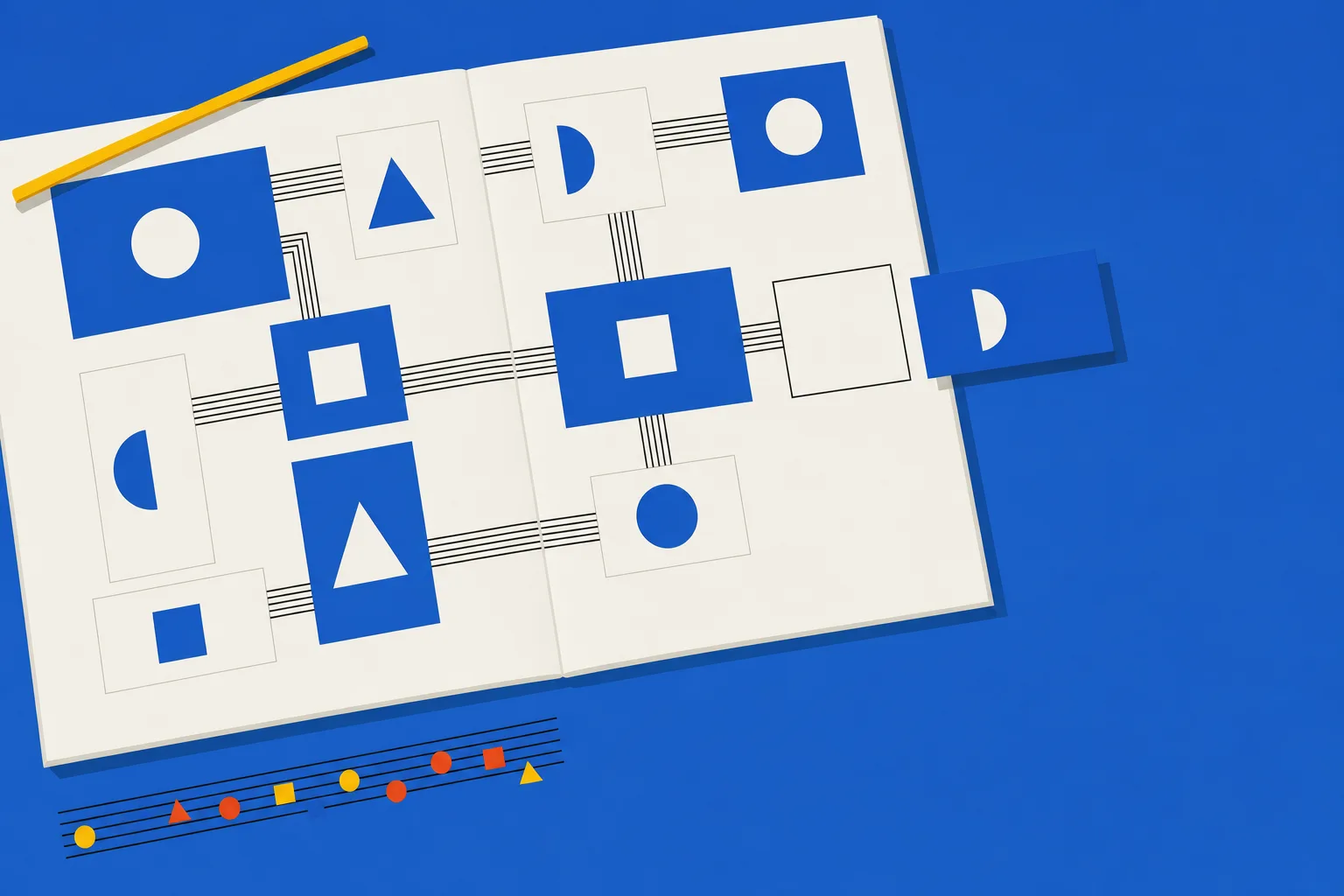 An open book showing a map of software boxes joined by staff-line connectors, with a new box sliding into the slot that fits it