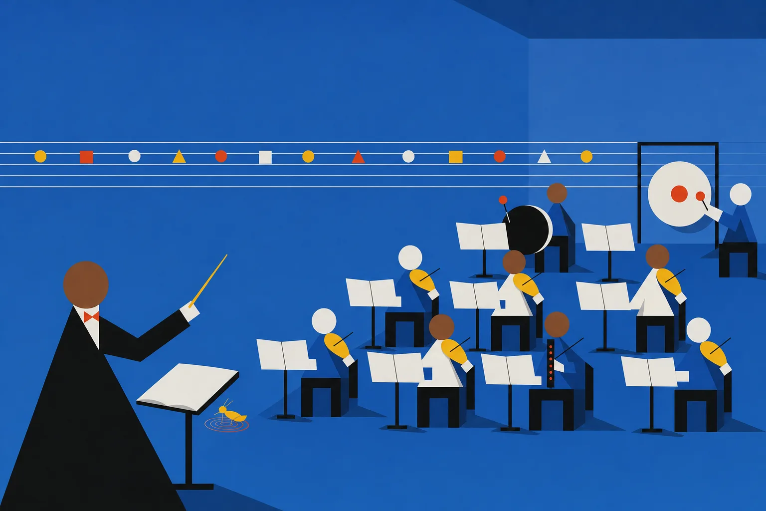 A geometric youth orchestra rehearsing in neat rows, each player with the same open book, staff lines running across the wall