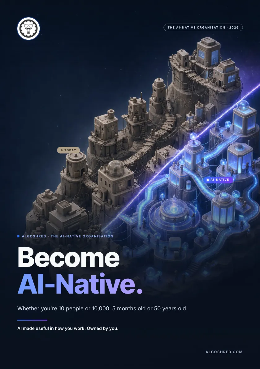 Cover of the Algoshred brochure “Become AI-Native.”: an old stone city on the left turning into a glowing, connected city on the right