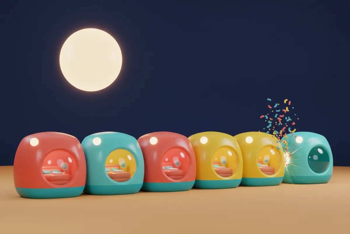 A row of inflatable rooms at night, one popping while a fresh copy puffs up beside it