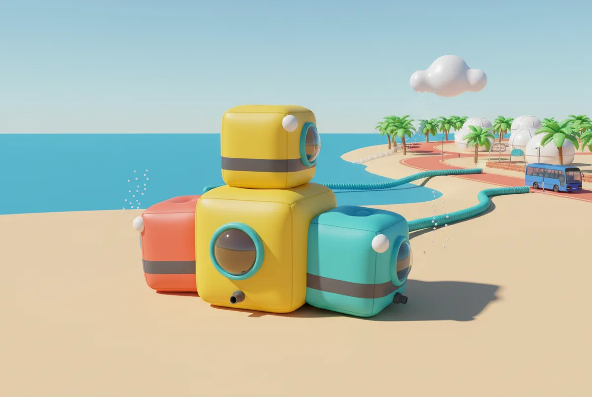 An inflatable beach guesthouse of puffy rooms, fed by air hoses, with a bus and a cloud down the beach road