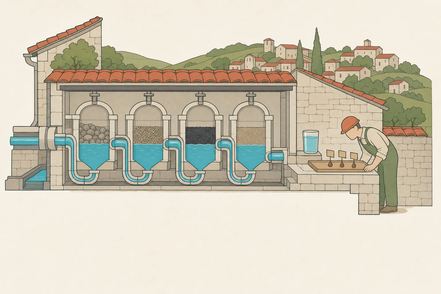 A small cleaning plant where water passes four gates, a few murky drops wait on a tray, and a worker looks them over