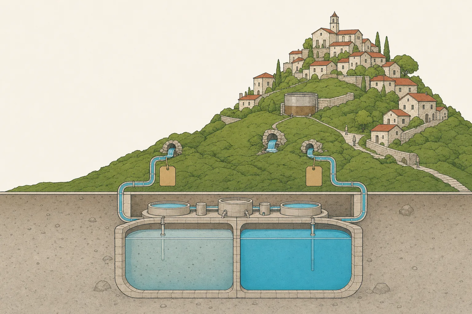 A hill town cut open to show pipes carrying water from springs into one stone reservoir with a cloudy side and a clear side