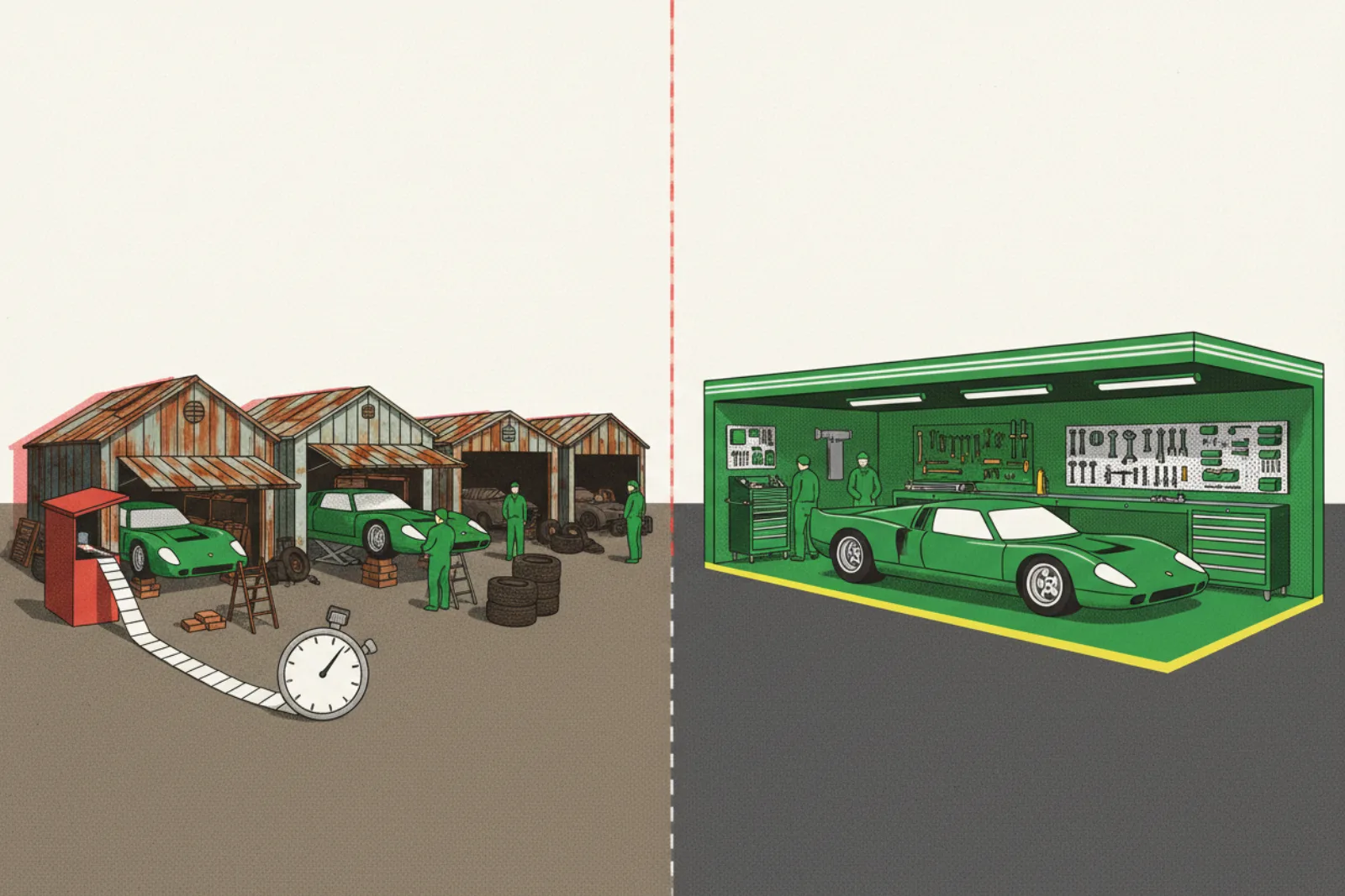 Cluttered, mismatched garages with a paper queue at a red hatch, beside one tidy shared pit with a painted lane