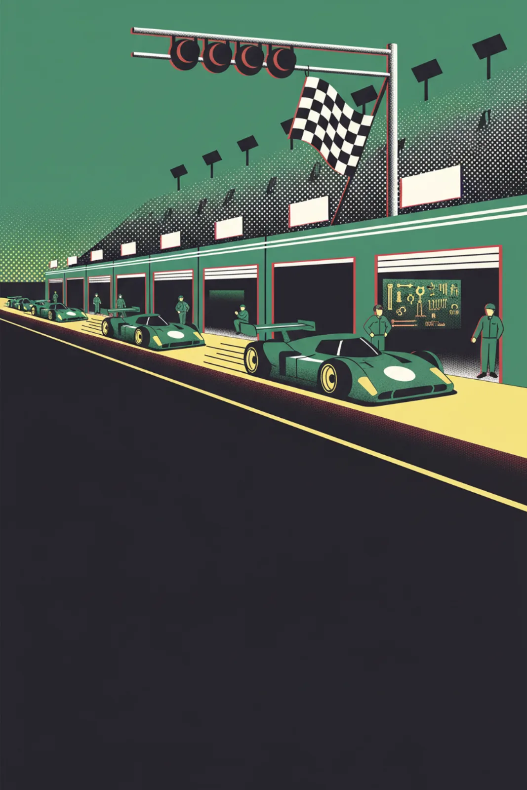 Race cars leaving a shared pit along a yellow lane at dusk, under a start-light gantry