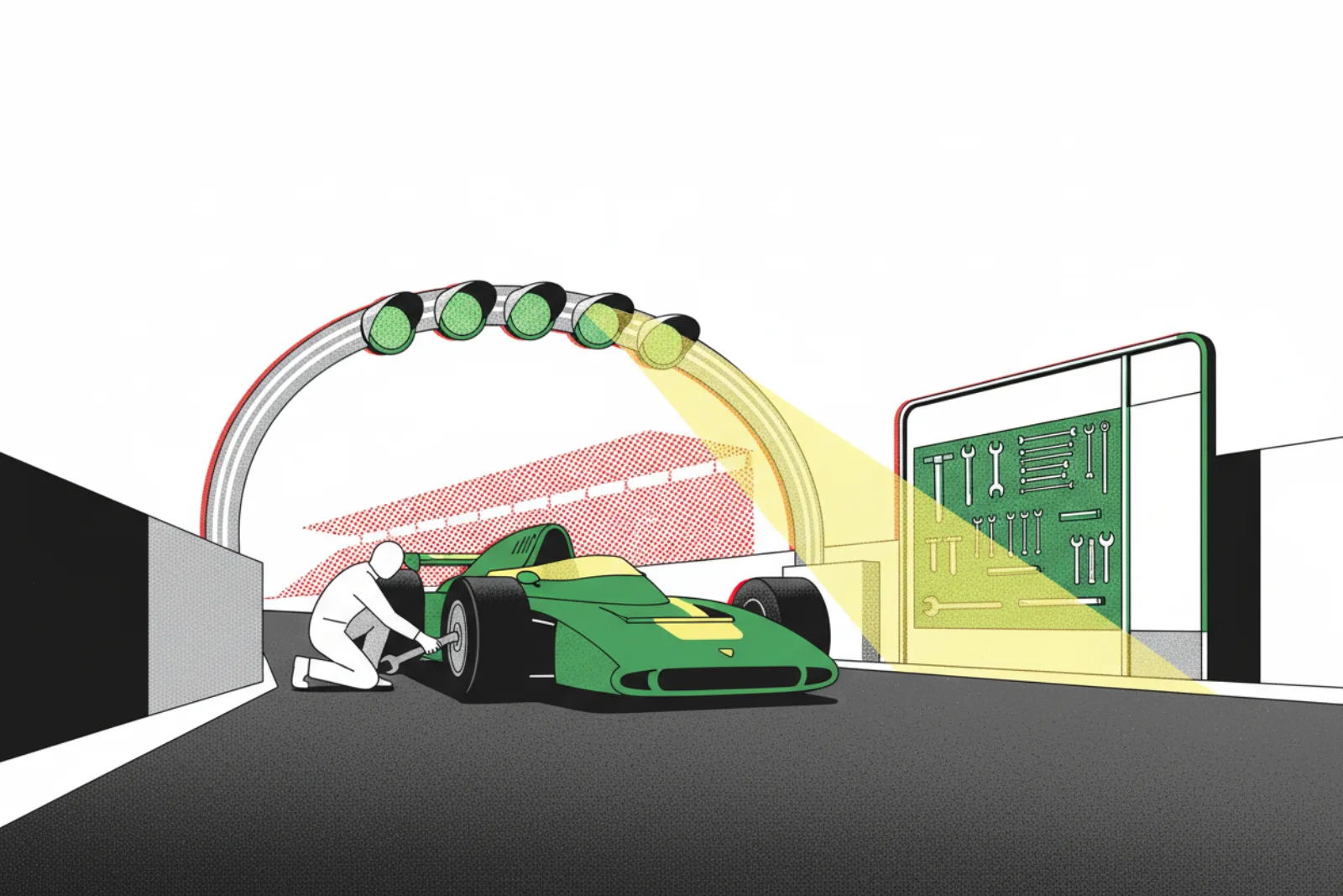 A race car rolling under a chrome check arch while a crew member tightens one wheel nut