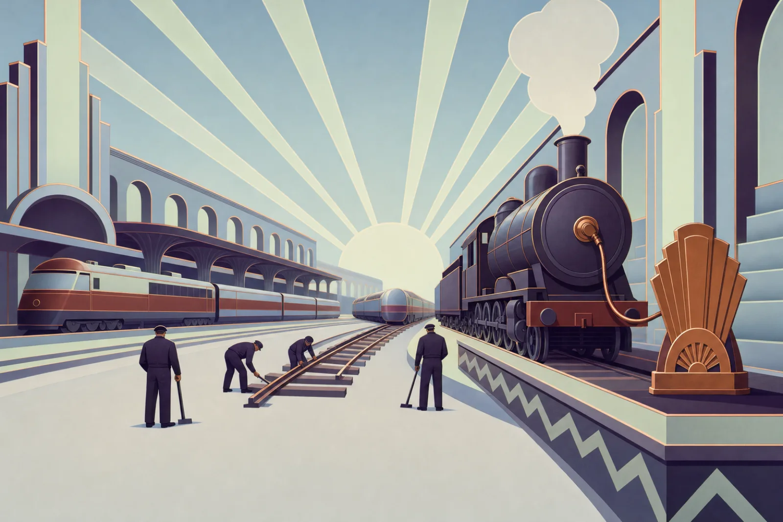 A track crew laying one new rail between two platforms while an old steam engine, now plugged in, keeps running