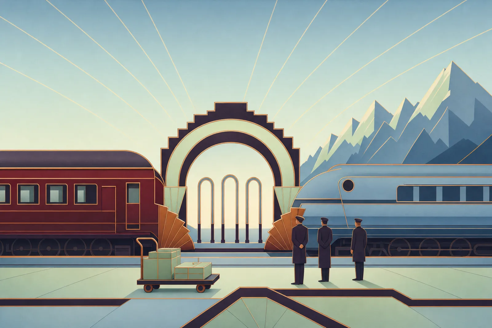 An oxblood local train and a powder-blue mountain train meeting at an Art Deco border arch, with copper fittings at the arch
