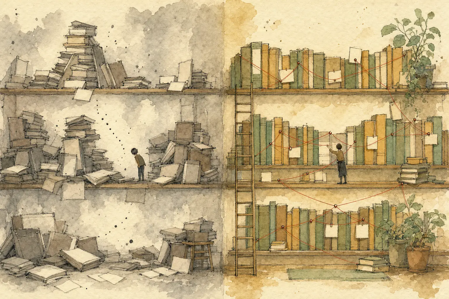 Toppling unsorted book towers beside the same library tidied, with cards in the books and red threads linking rooms