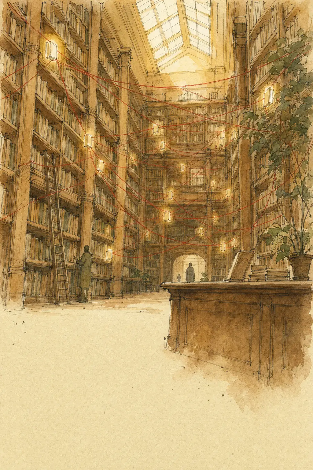 Tall library stacks at evening with a calm web of red threads strung between the shelves, and two small figures below