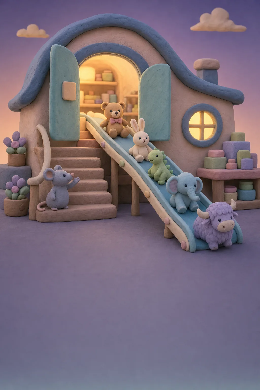 Toys sliding down a chute out of a workshop door at dusk, with a lilac toy yak last and a mouse waving them off