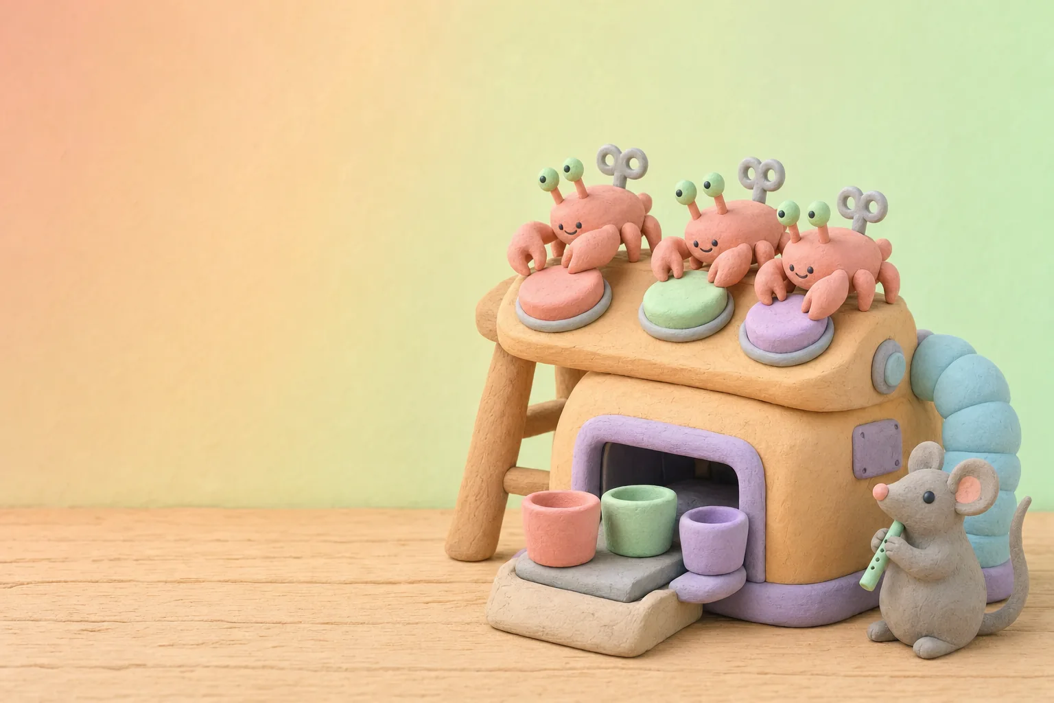 Three wind-up clay crabs pressing the big round buttons of a paint machine while a mouse with a whistle keeps watch