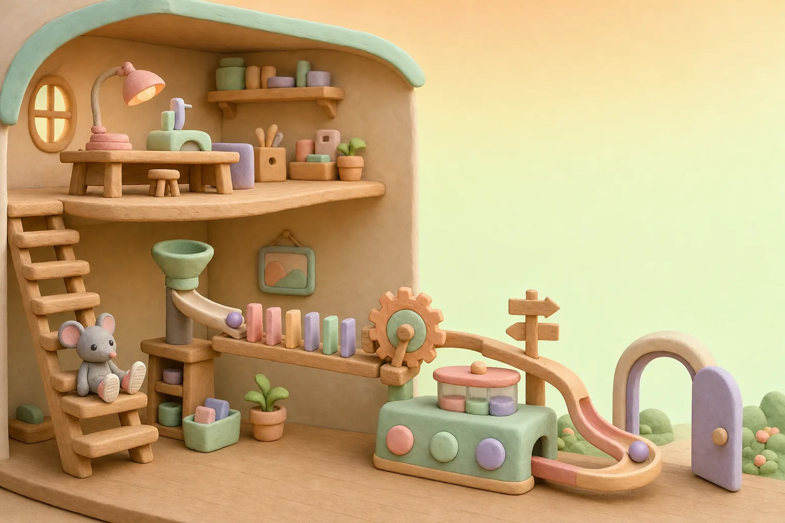 A clay toy workshop where a short marble run links each step, from a funnel to a chute out of the door, while a mouse rests on the stairs