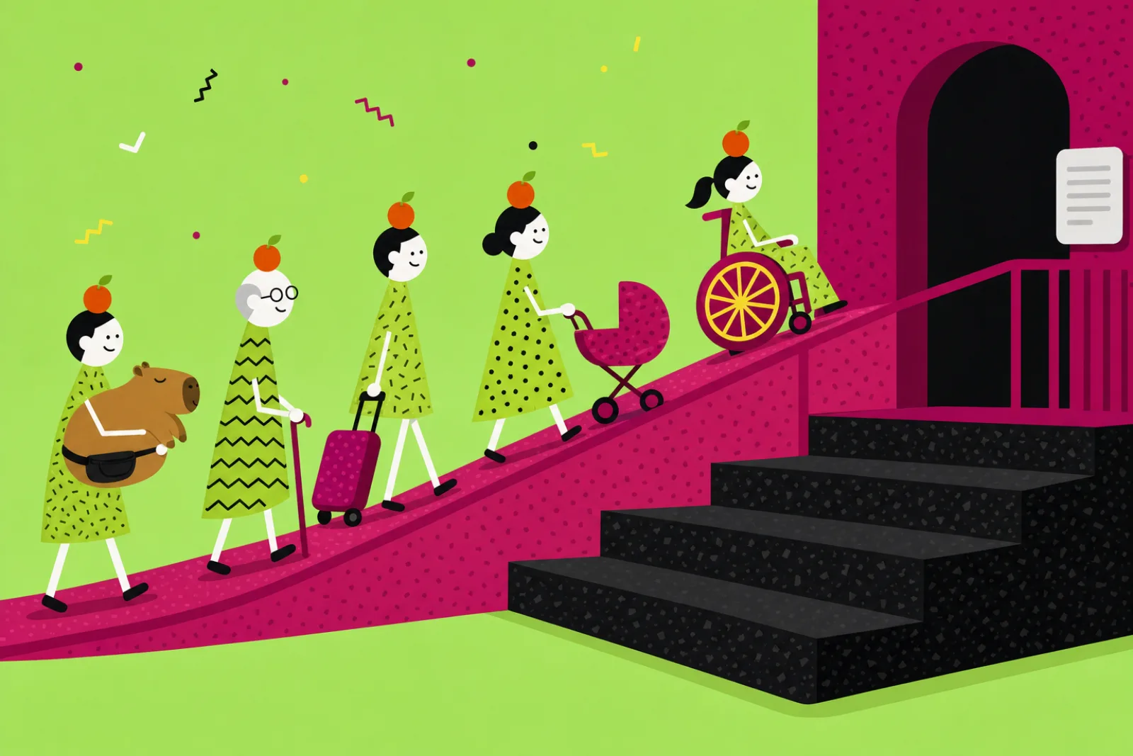 A girl in a wheelchair rolls up a new ramp beside tall steps, followed by a pram, a suitcase, a grandpa and a lazy capybara