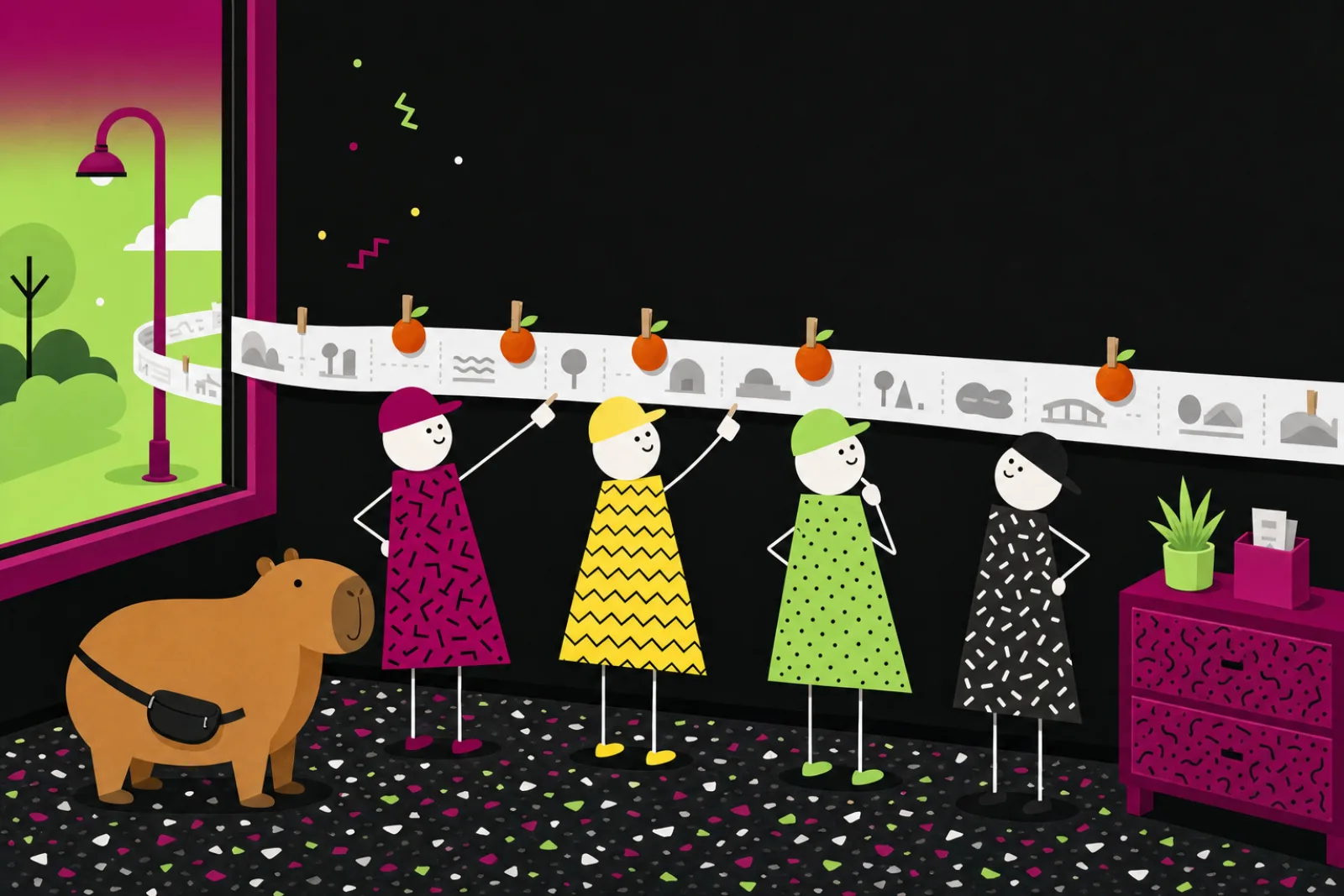 A long paper strip of a guest’s day running round a park office and out of the window, with oranges pegged on where guests gave up and four crews gathered at it
