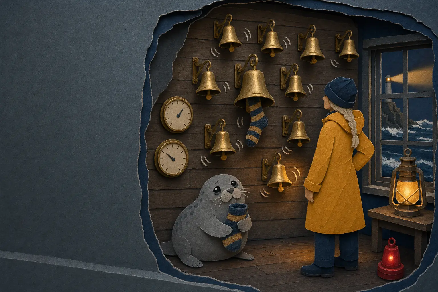 A wall of clanging brass bells, one with a woolly sock stuffed into its mouth and one ringing in amber light, while the keeper watches and the seal guiltily hugs another sock