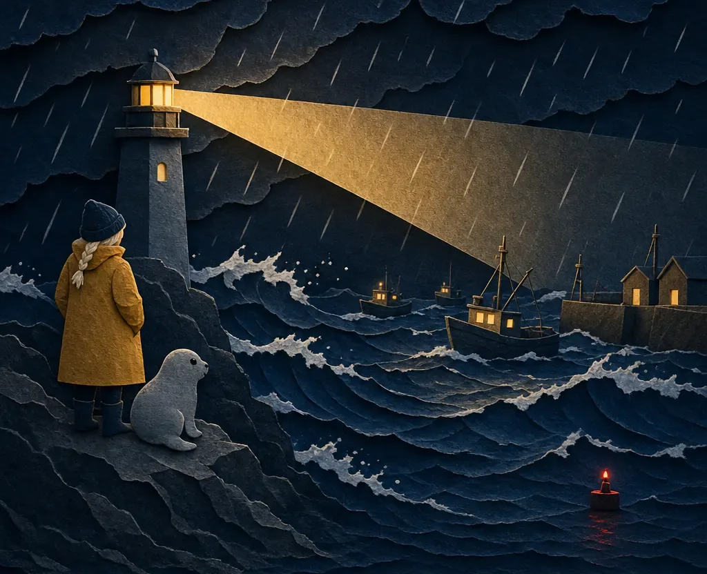 The keeper and her seal stand on the rocks as the lighthouse beam cuts through a night storm and small boats turn for the harbour