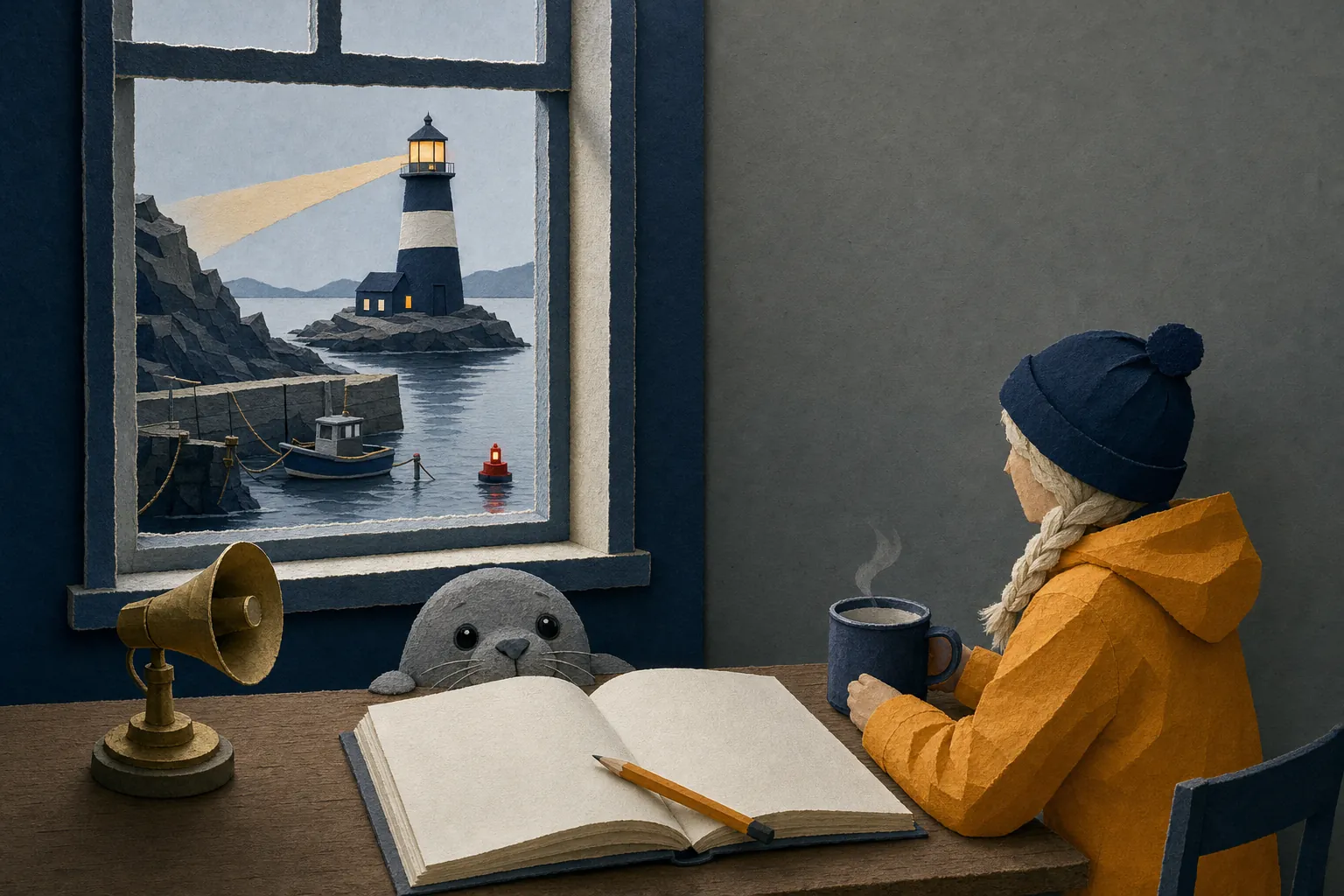 The morning after a storm: an open logbook and a mug on a table, the seal peeking out, and boats safe in the harbour beyond the window
