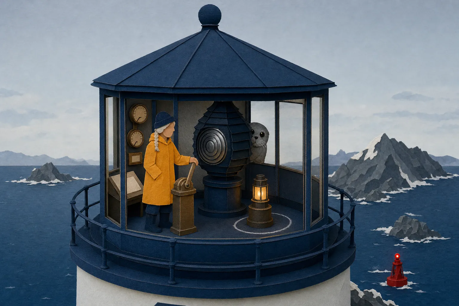 On a calm grey day the keeper holds a brass lever with the main lamp switched off and a small spare lamp glowing, while the seal hides behind the lens
