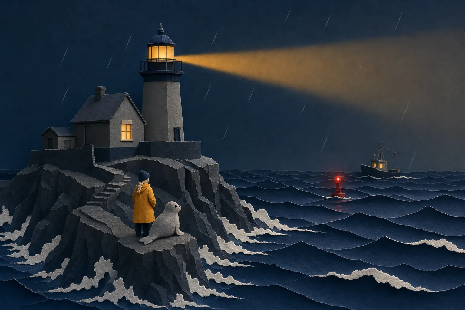 A papercut island lighthouse at dusk, its amber beam sweeping over the sea towards a small buoy and a trawler