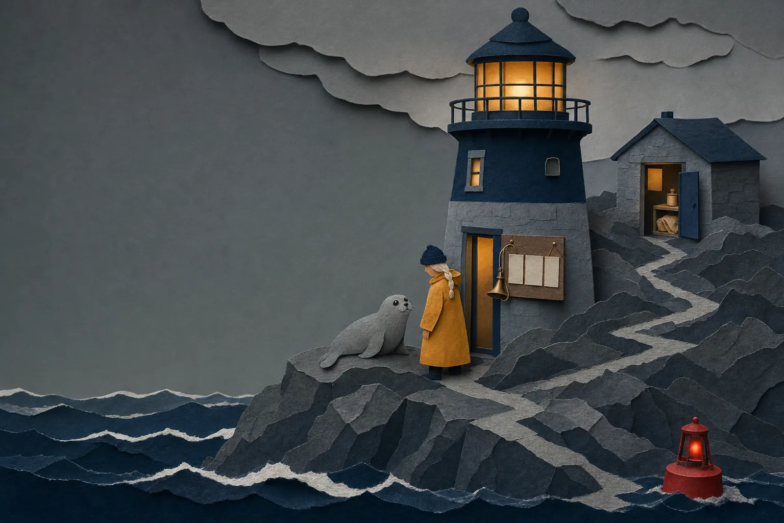 A path across the rock to a second shed holding a spare oil can and a spare lamp, with a blank plan board by the lighthouse door