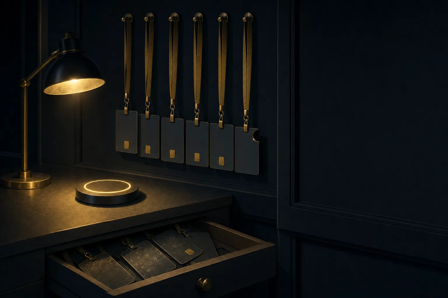 Blank work badges on gold lanyards above a museum night desk, with a drawer of old badges below