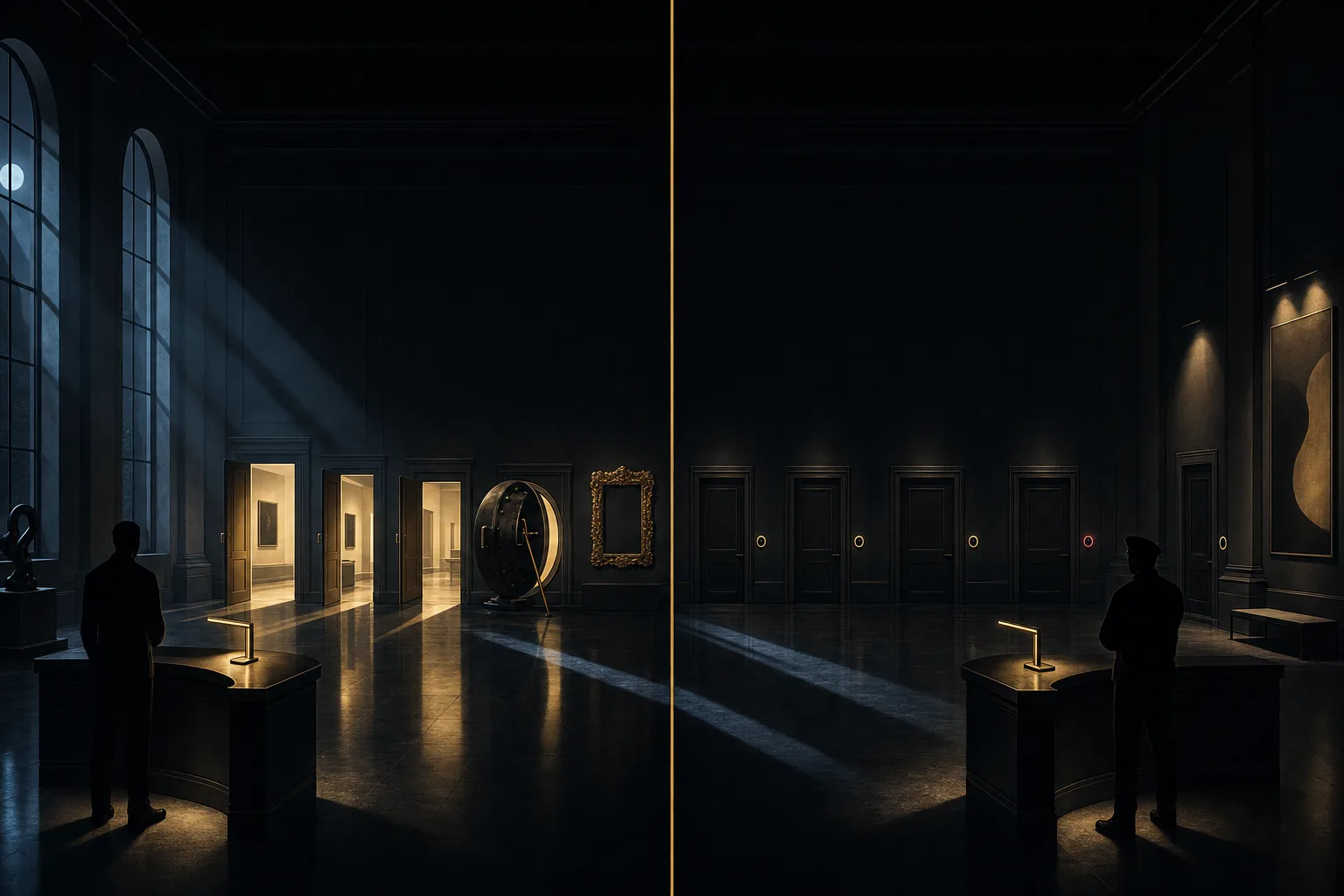 Left, one check at the front desk and every door behind it open; right, the same hall where each door has its own reader