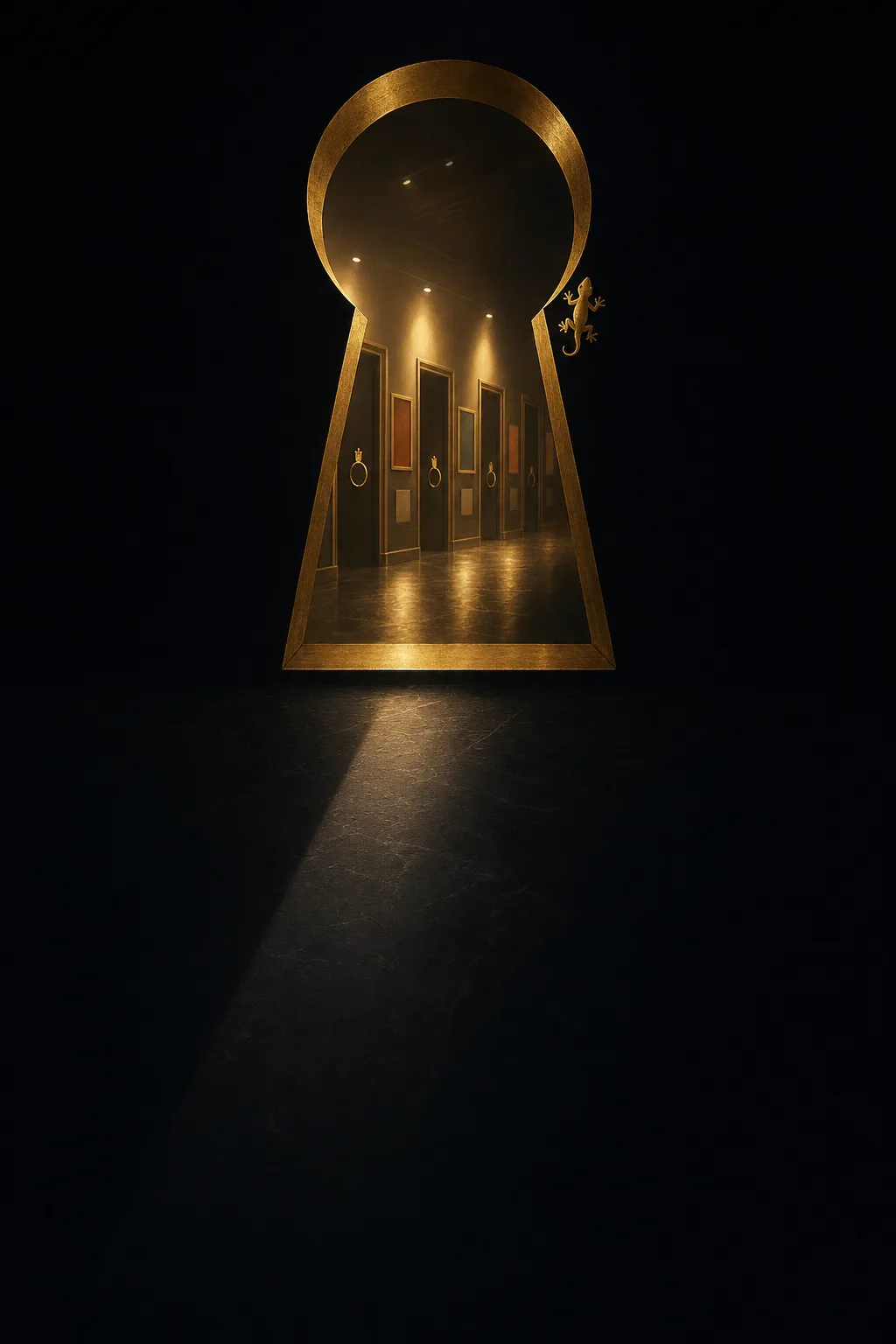 Gold light pouring through a giant brass keyhole onto a dark museum floor, with doors and reader rings beyond