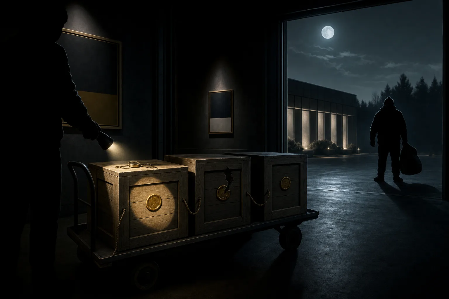 Wooden art crates on a hand trolley at a museum loading dock at night, one seal lit by a torch, a figure waiting outside the gate