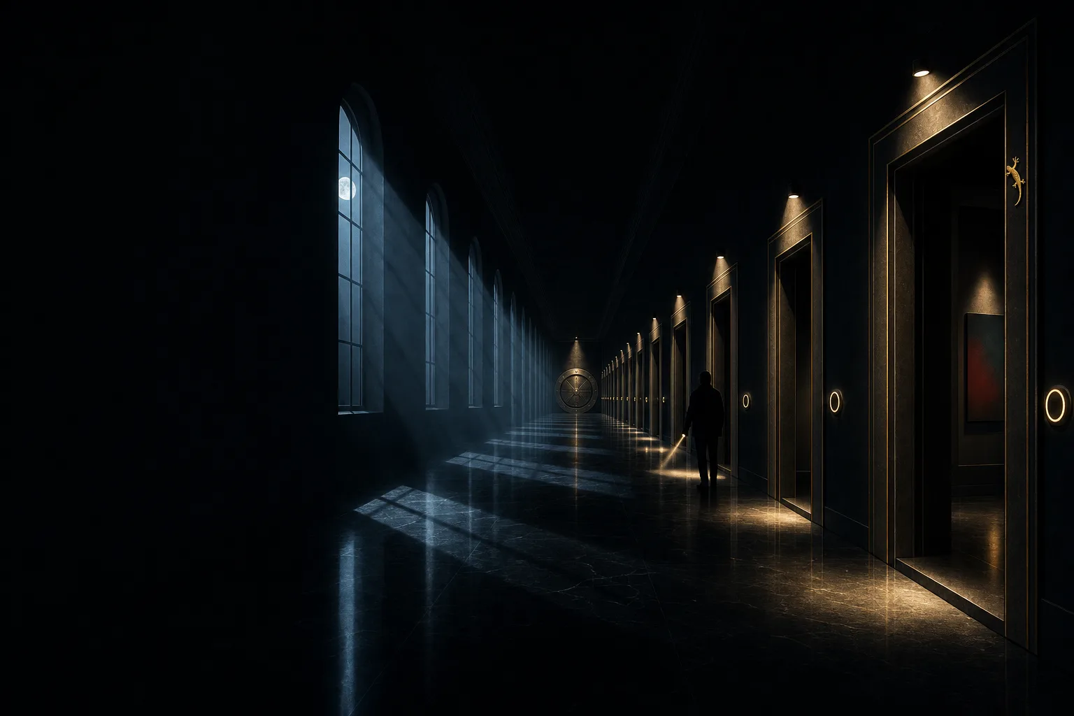 A museum corridor at midnight where every gallery door has its own glowing badge reader and spotlight