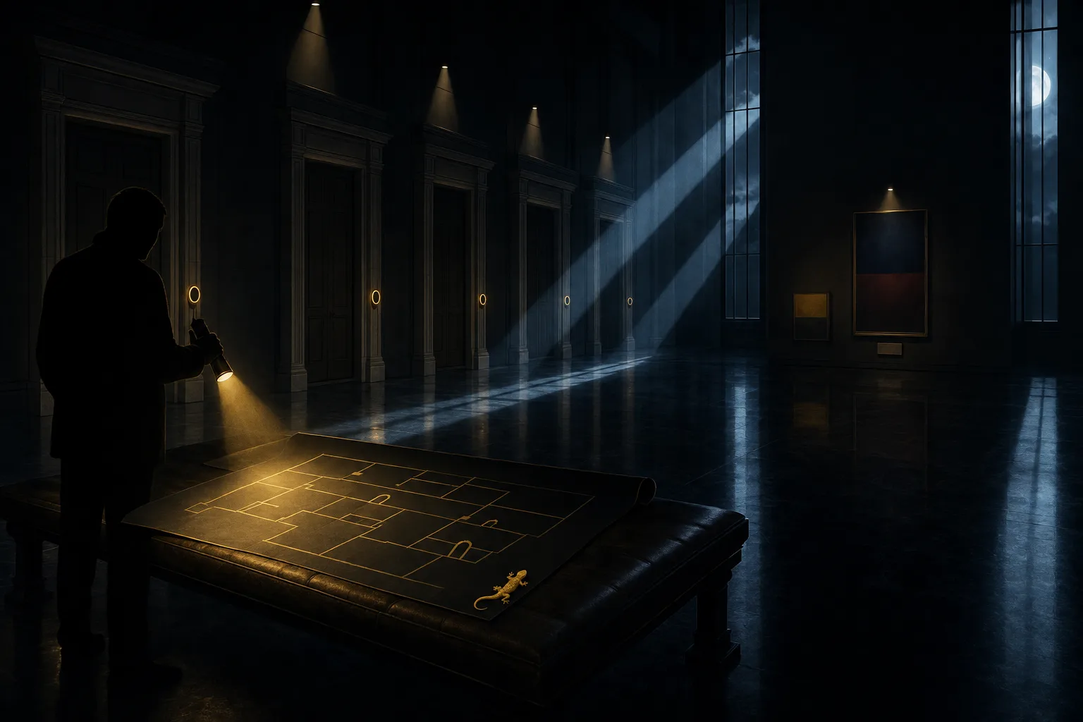 A night manager with a torch studies a museum floor plan unrolled on a gallery bench, with closed gallery doors and glowing readers behind