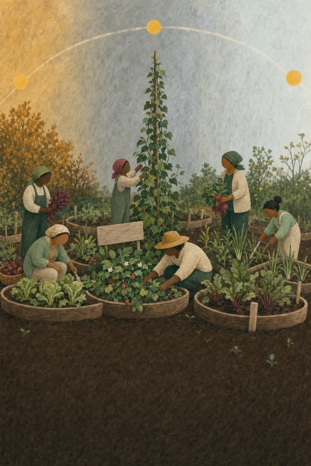 The sun crossing the seasons above a growing community garden, with dark soil below