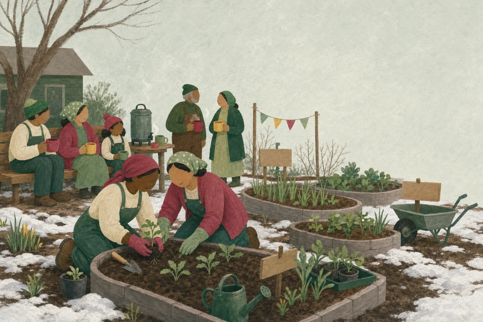 Neighbours with mugs of tea at the new beds while one gardener shows another how to plant the new bed